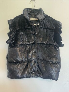 Grace+Emma Women’s Black Sparkly Quilted Puffer Vest Ruffle Snap Front Size M